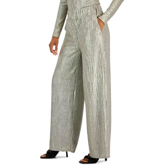 INC International Concepts Metallic Wide-Leg High Rise Pull-On Pants Palazzo Med - Picture 2 of 14